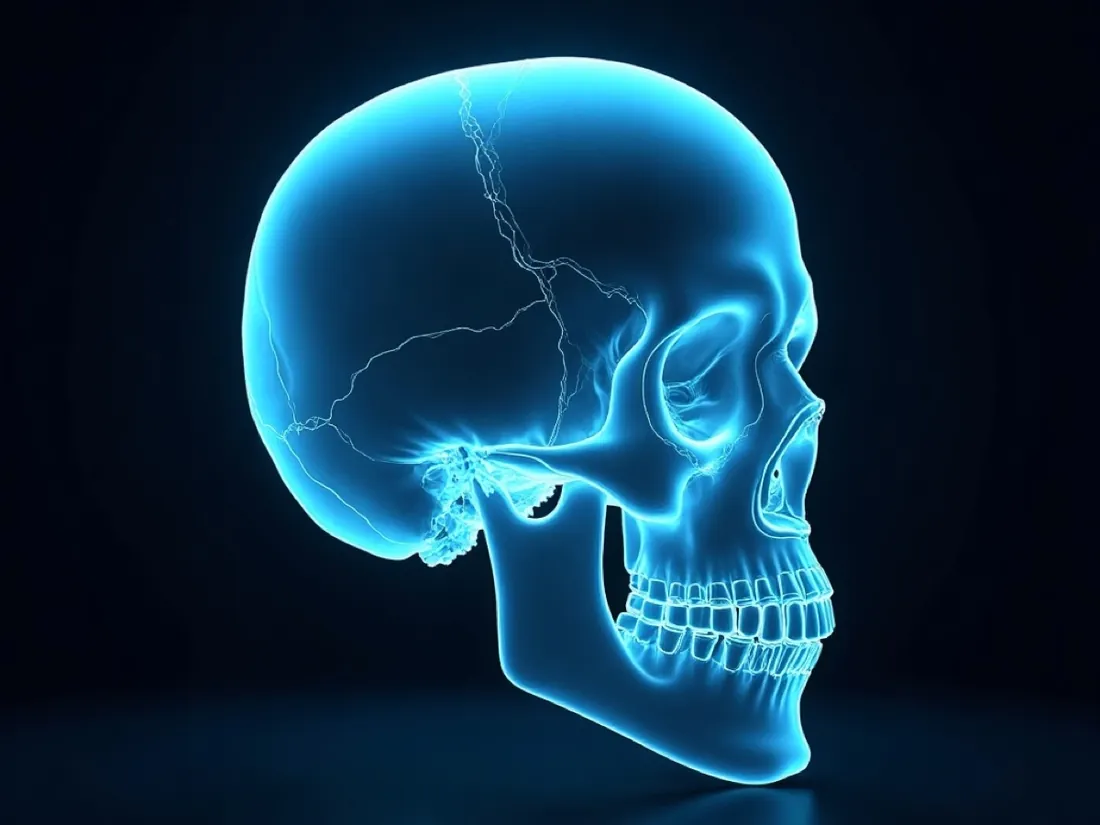 Volumetric 3D reconstruction of a human skull from CT scan data, rendered in luminous cyan on a dark background