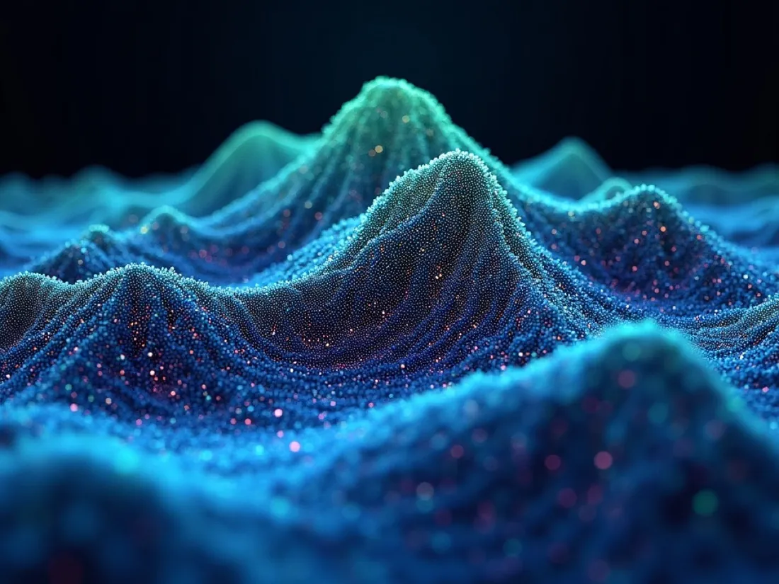 Aerial LiDAR point-cloud scan of mountainous terrain, colored by elevation from indigo valleys to mint-green peaks