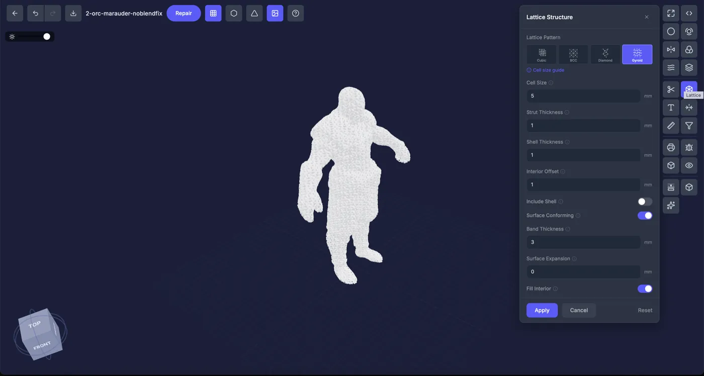 A character model filled with a gyroid lattice structure in the 3D Prep Pro editor