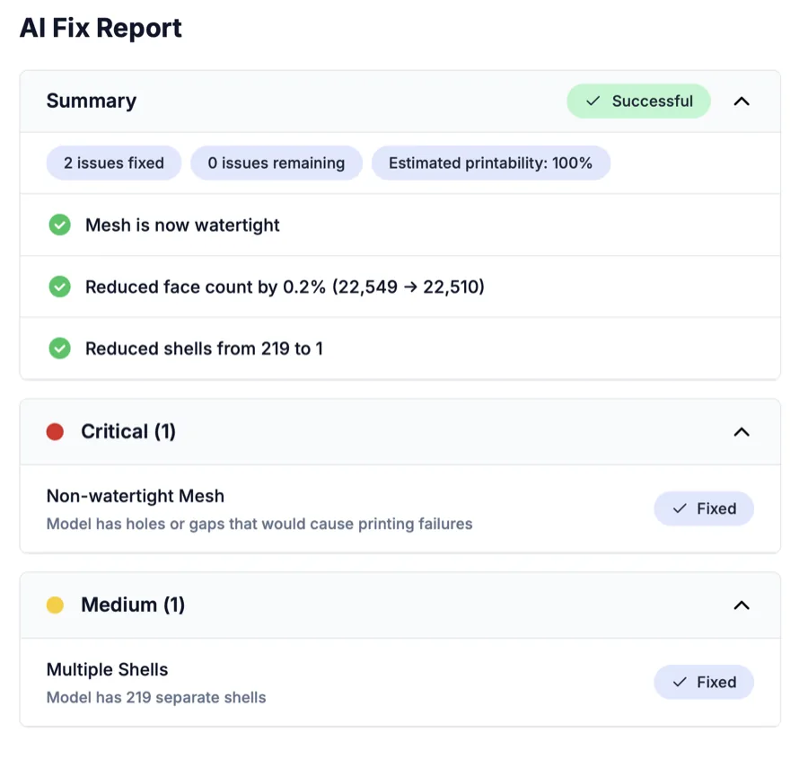 AI Fix Report showing two issues fixed, zero remaining, and 100% estimated printability