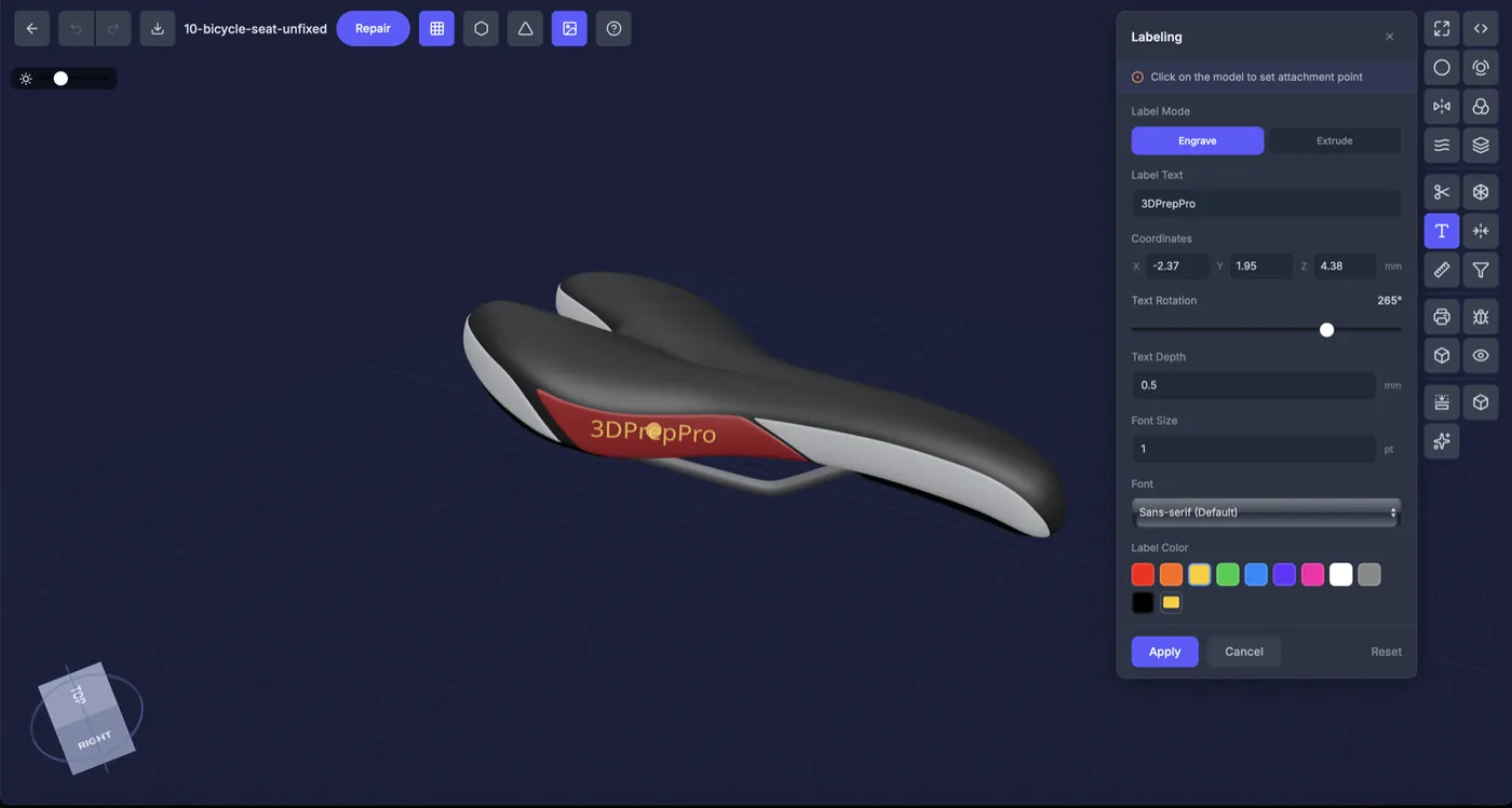 The 3D Prep Pro editor engraving '3DPrepPro' into a bicycle seat model